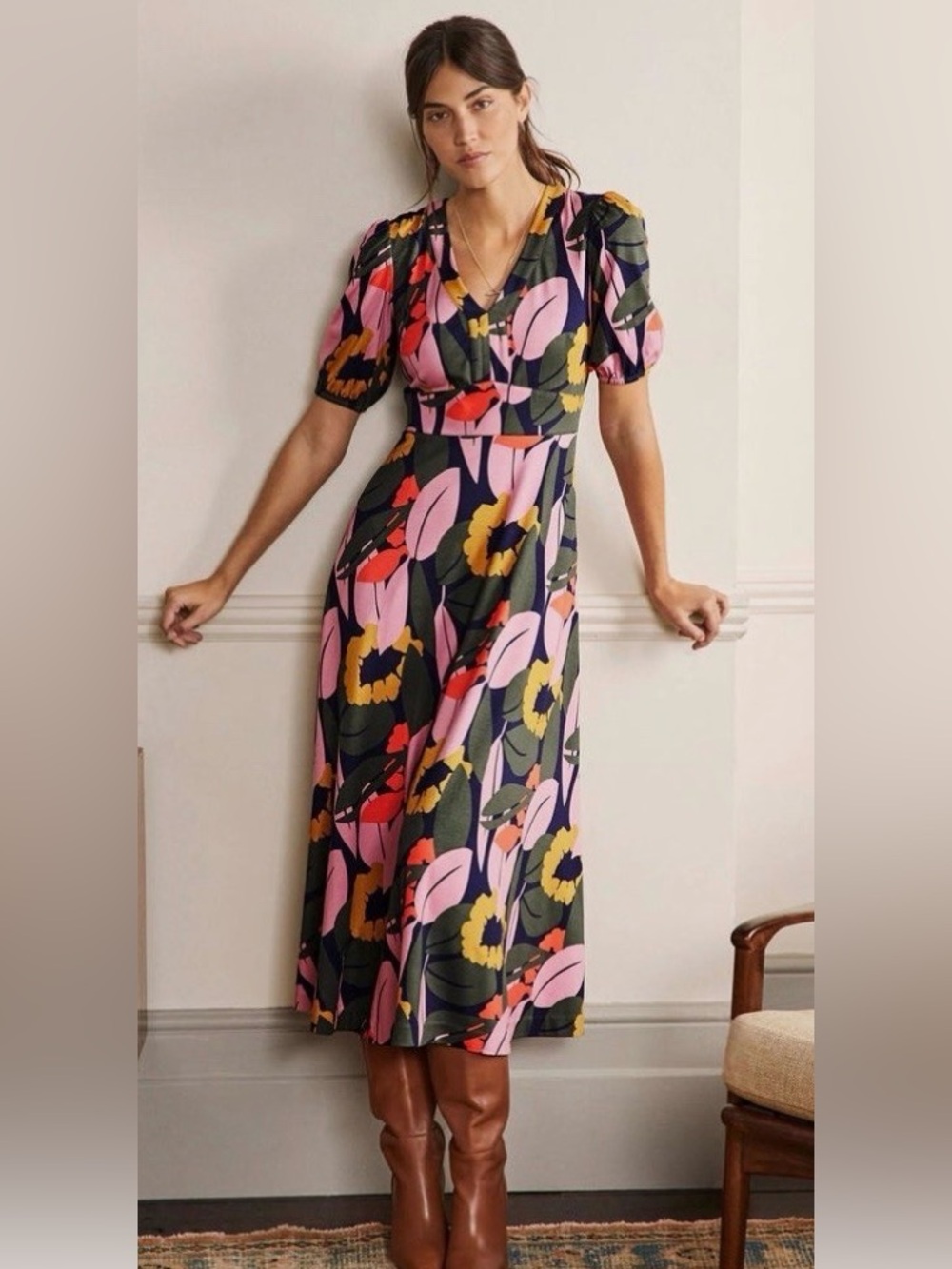 Boden Floral V-Neck Midi Dress in Pink & Green 10
